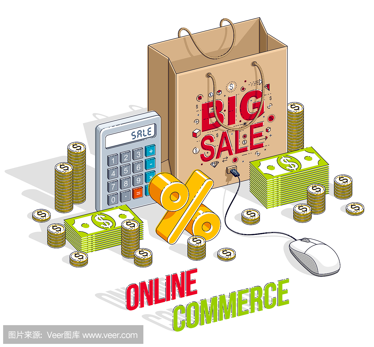 网上购物概念,网上商店,网上销售,购物袋与电脑鼠标和现金栈和计算器隔离。矢量3d等距商业和金融插图。